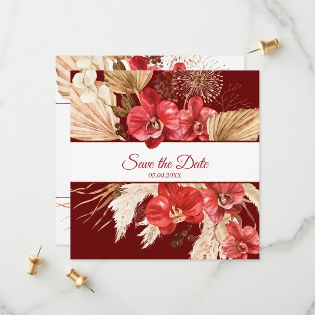 Boho chic red orchid fall custom Wedding Save The Date (Front/Back In Situ)