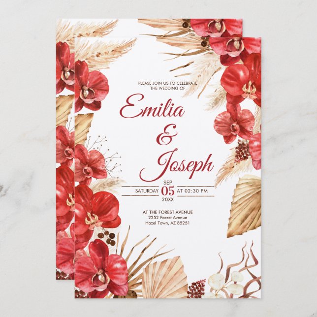 Boho chic red orchid fall Wedding Invitation (Front/Back)