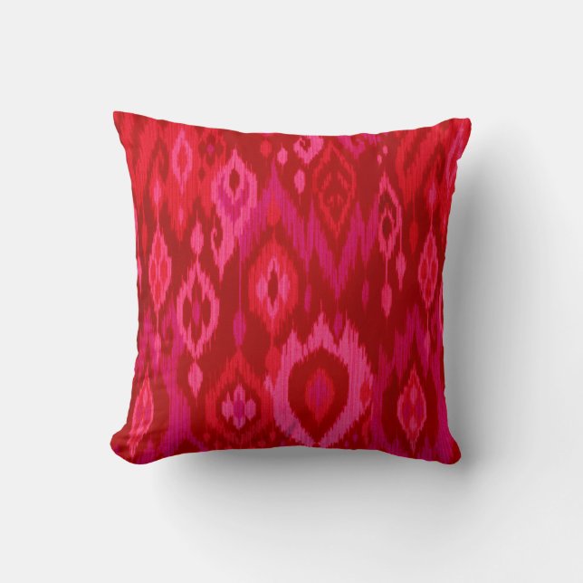 Boho Chic red pink fuchsia Ikat Tribal Tapestry Cushion (Front)