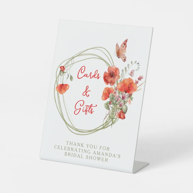 Boho Chic Red Poppies, Bridal Brunch Cards & Gifts Pedestal Sign (Front)