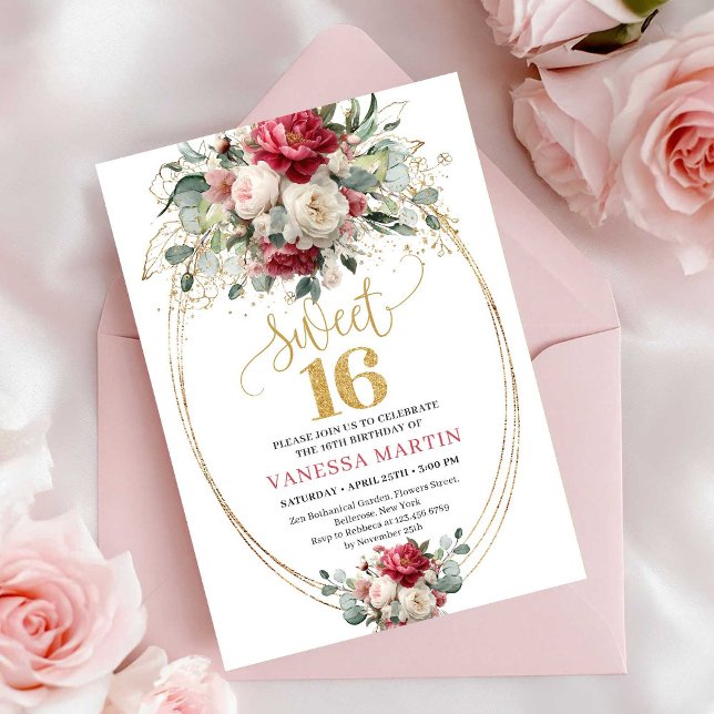 Boho Chic Red White Gold Floral Sweet 16 Birthday Invitation (Chic Red White Gold Floral Sweet 16 Birthday Invite)