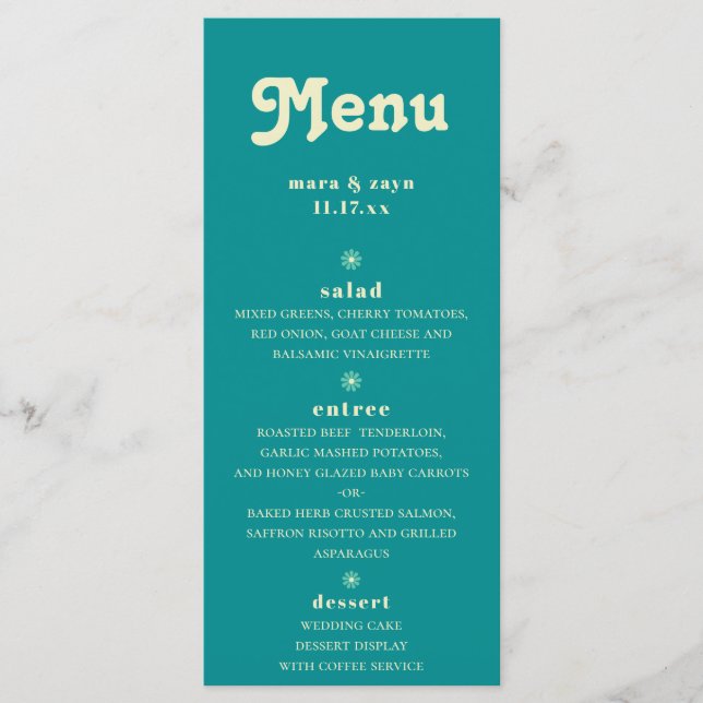 Boho Chic Retro 70's Teal Wedding Menu (Front)