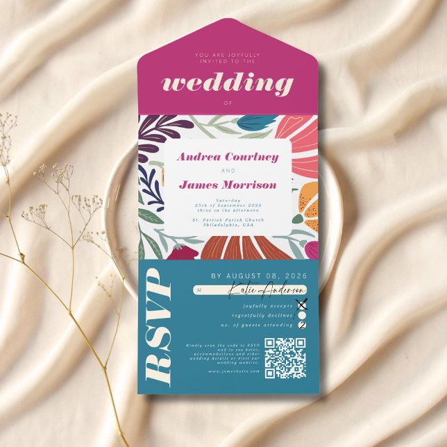 Boho Chic Retro Bright Floral Colourful Wedding All In One Invitation (Creator Uploaded)