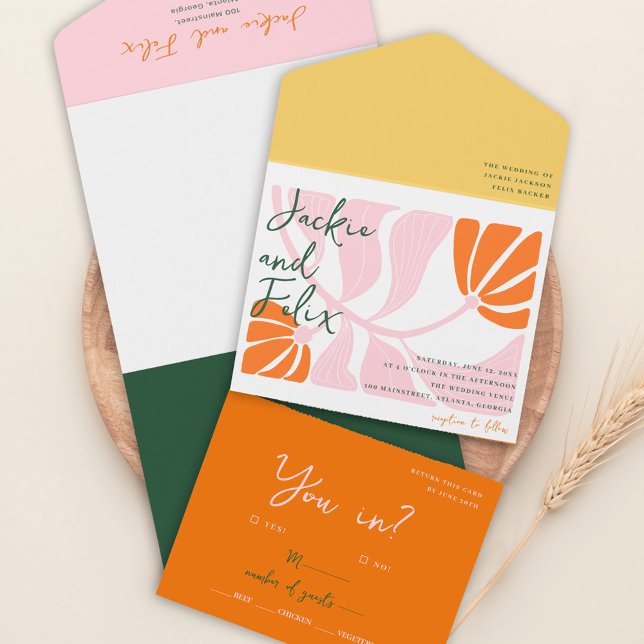 Boho Chic Retro Colourful Floral Wedding Invitatio All In One Invitation (Boho Chic Retro Colorful Floral Wedding Invitation)