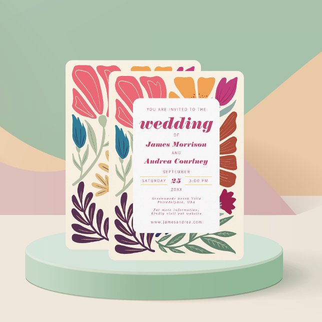 Boho Chic Retro Colourful Floral Wedding  Invitation (Creator Uploaded)