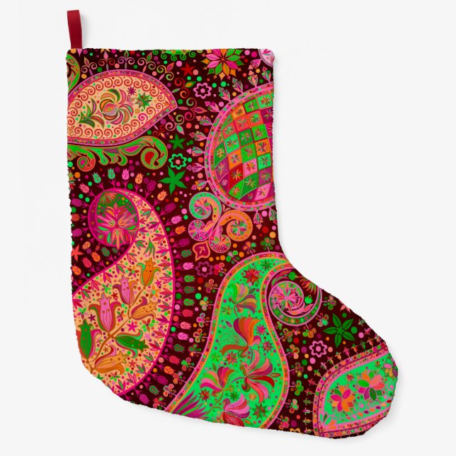 Boho Chic Retro Hippy Paisley Large Christmas Stocking (Front)