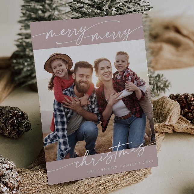 Boho Chic Rose Pink Family Photo Cute Christmas Holiday Card (Creator Uploaded)