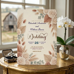 Boho Chic Roses Pampas Grass Wedding Invitation