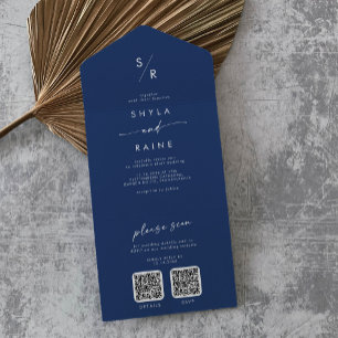 Boho Chic Royal Blue Dual QR Code Wedding All In One Invitation