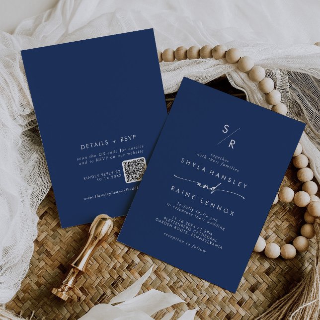 Boho Chic Royal Blue Monogram QR Code Wedding Invitation (Creator Uploaded)