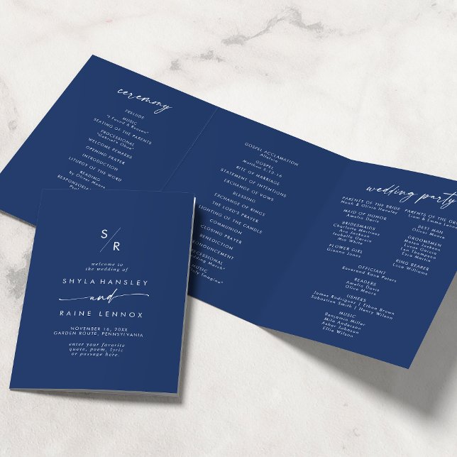 Boho Chic Royal Blue Monogram Wedding Tri-Fold Programme (Creator Uploaded)
