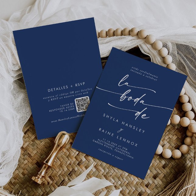Boho Chic Royal Blue QR Code Spanish Wedding Invitation (Creator Uploaded)