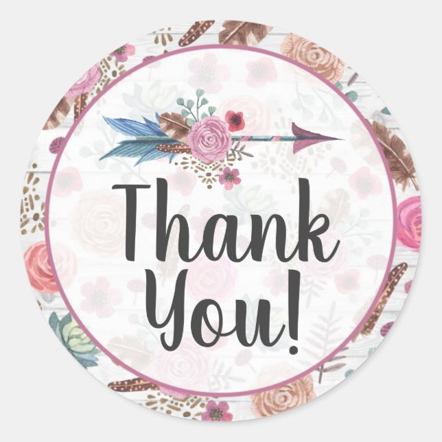 Boho Chic Rustic Feather Arrow Floral Thank You Classic Round Sticker (Front)