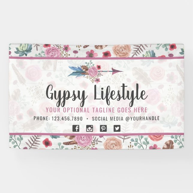 Boho Chic Rustic Feather Arrow Watercolor Bohemian Banner (Horizontal)