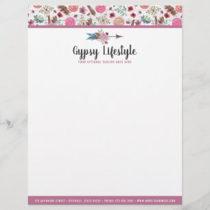 Boho Chic Rustic Feather Arrow Watercolor Bohemian Custom Letterhead