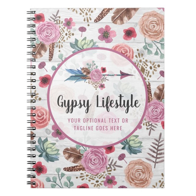 Boho Chic Rustic Feather Arrow Watercolor Bohemian Notebook (Front)