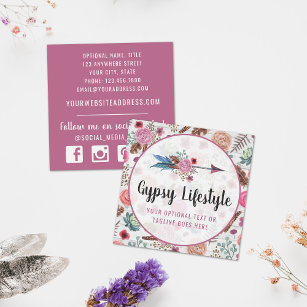 Boho Chic Rustic Feather Arrow Watercolor Bohemian Square Business Card