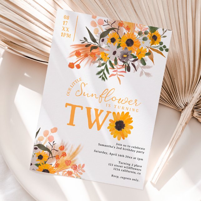 Boho chic rustic orange sunflowers 2nd birthday invitation (Creator Uploaded)