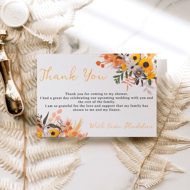 Boho chic rustic orange sunflowers bridal thank you card (Creator Uploaded)