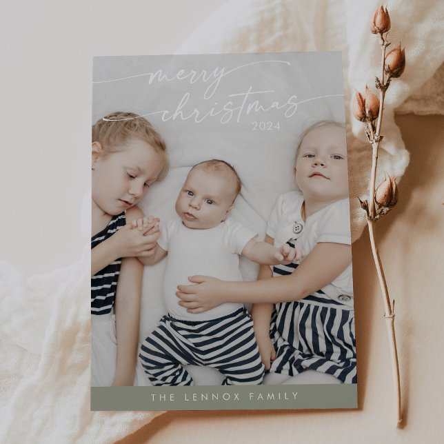 Boho Chic Sage Green Cute Unique Photo Christmas Holiday Card (Creator Uploaded)