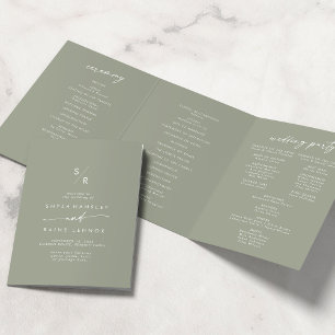 Boho Chic Sage Green Monogram Wedding Tri-Fold Programme