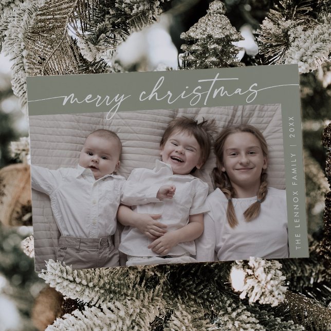 Boho Chic Sage Green Photo Fun Family Christmas Holiday Card (Creator Uploaded)