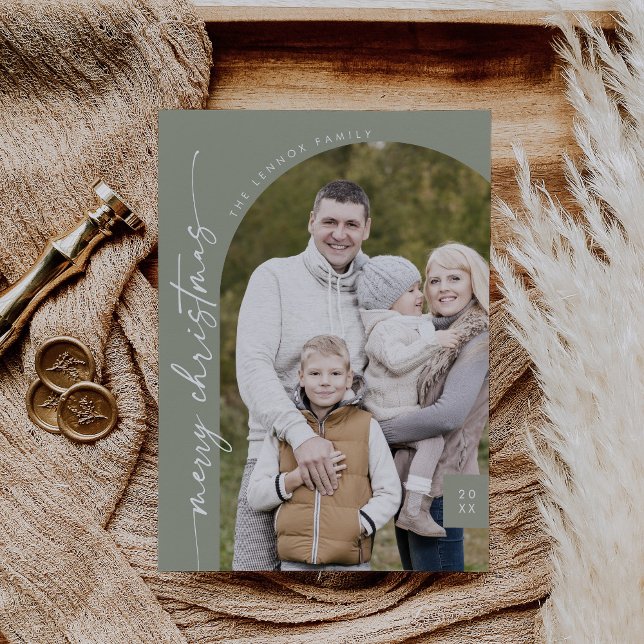 Boho Chic Sage Green Photo Modern Merry Christmas Holiday Card (Creator Uploaded)