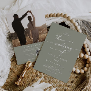 Boho Chic Sage Green Photo QR Code Wedding Invitation