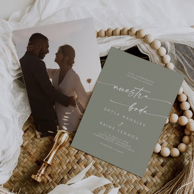Boho Chic Sage Green Photo Spanish Wedding Invitation (Creator Uploaded)