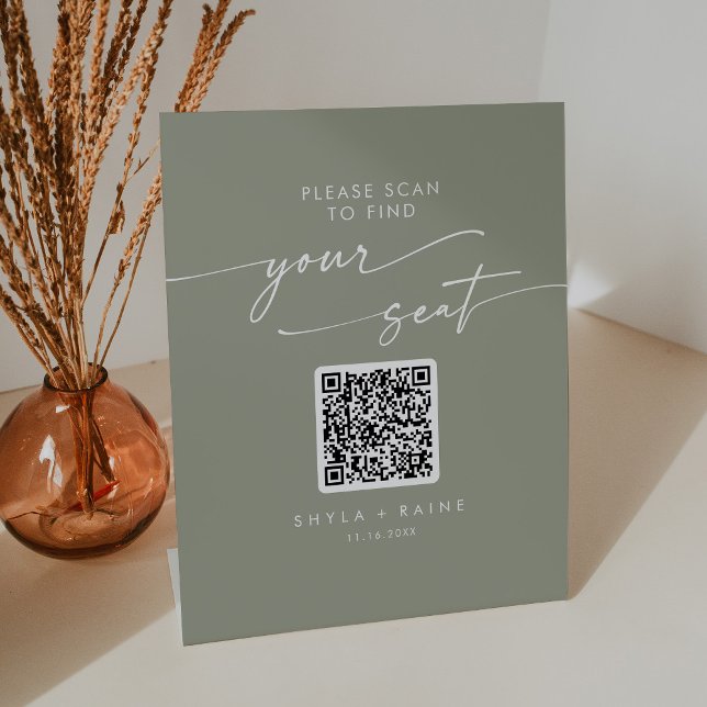 Boho Chic Sage Green Seating Chart QR Code Pedestal Sign (Creator Uploaded)