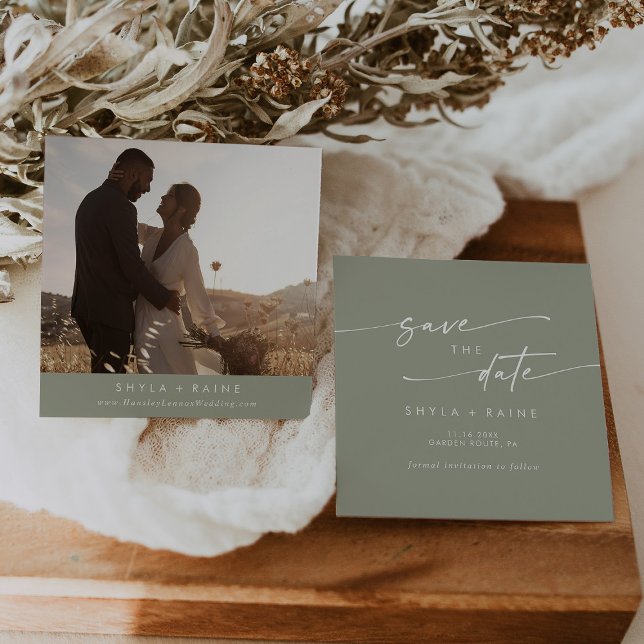 Boho Chic Sage Green Square Photo Back Save The Date (Creator Uploaded)