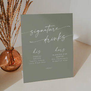 Boho Chic Sage Green Wedding Signature Drinks Pedestal Sign