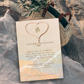 Boho Chic Sand Heart Beach Destination Wedding Invitation