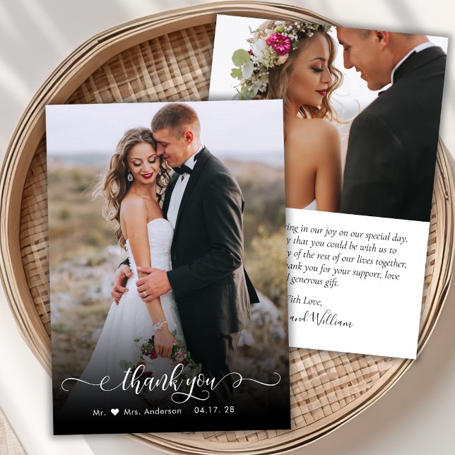 Boho Chic Script 2 Photo Wedding Thank You Card (Creator Uploaded)