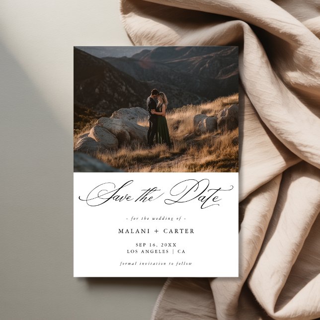 Boho Chic Script Mountain Photo Luxury Wedding Save The Date (Creator Uploaded)