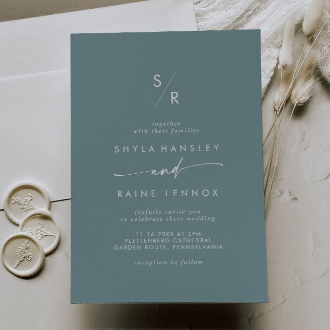 Boho Chic Seafoam Teal Monogram Wedding Invitation (Creator Uploaded)