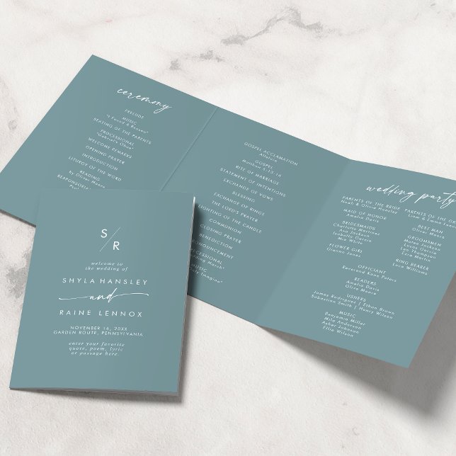 Boho Chic Seafoam Teal Monogram Wedding Tri-Fold Programme (Creator Uploaded)