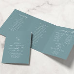 Boho Chic Seafoam Teal Monogram Wedding Tri-Fold Programme<br><div class="desc">This boho chic seafoam teal monogram wedding tri-fold program is perfect for a minimalist wedding. The colourful blue green modern bohemian design features simple rustic calligraphy with a unique yet classic style reminiscent of the beach, ocean and summer seaside. Personalise your wedding program with your initials, names, wedding date and...</div>