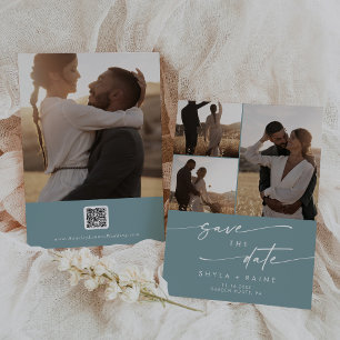 Boho Chic Seafoam Teal Multi Photo QR Code Save The Date