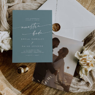 Boho Chic Seafoam Teal Photo Spanish Wedding Invitation