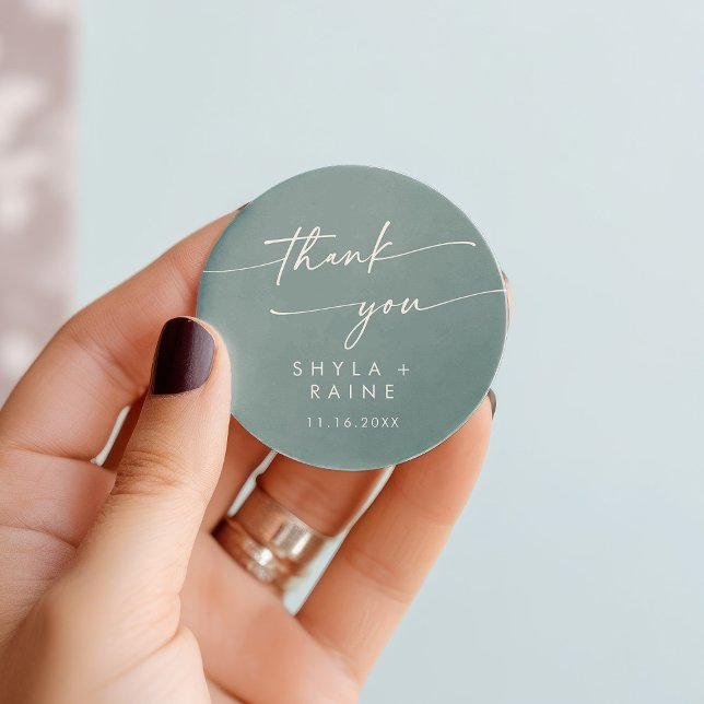 Boho Chic Seafoam Teal Thank You Wedding Favour Classic Round Sticker (Creator Uploaded)