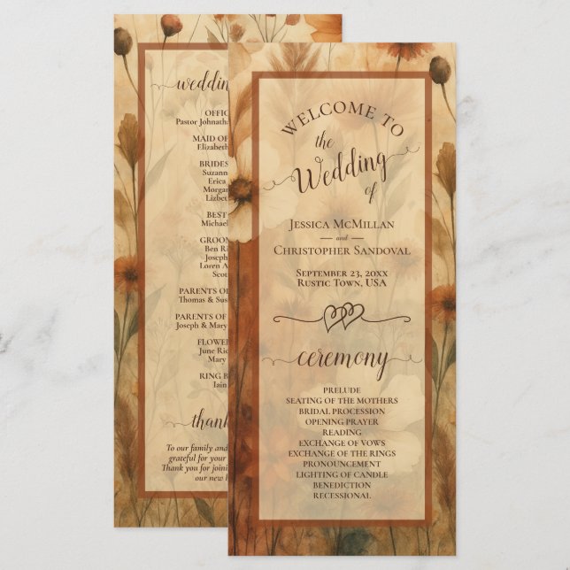 Boho Chic Sienna Wildflowers Elegant Wedding Programme (Front/Back)