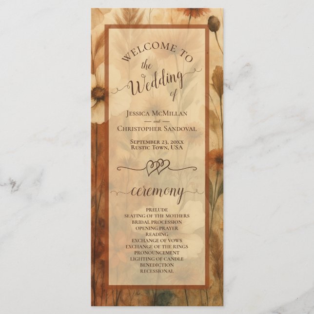 Boho Chic Sienna Wildflowers Elegant Wedding Programme (Front)