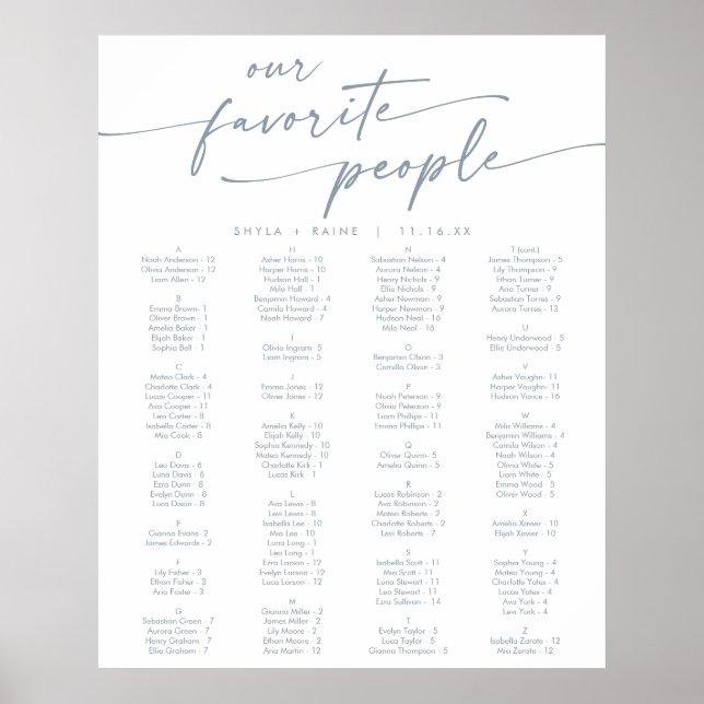 Boho Chic Slate Blue Printable Seating Chart (Front)