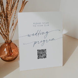 Boho Chic Slate Blue QR Code Wedding Program Pedestal Sign