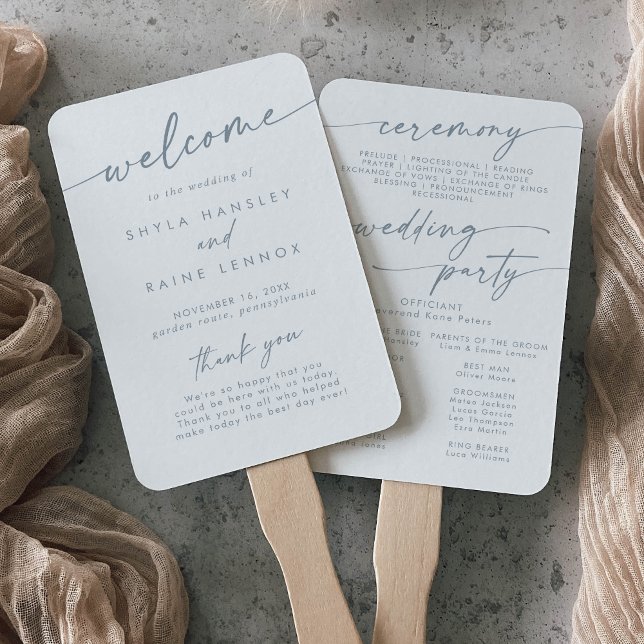 Boho Chic Slate Blue Wedding Program Hand Fan (Creator Uploaded)