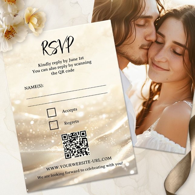 Boho Chic Sparkling Gold Wedding RSVP Card (Photo boho chic RSVP card featuring a sparkling gold design, with QR code template)