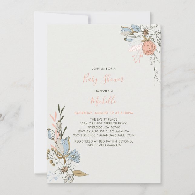 Boho chic Spring Coral Pink Floral  Baby Shower Invitation (Front)