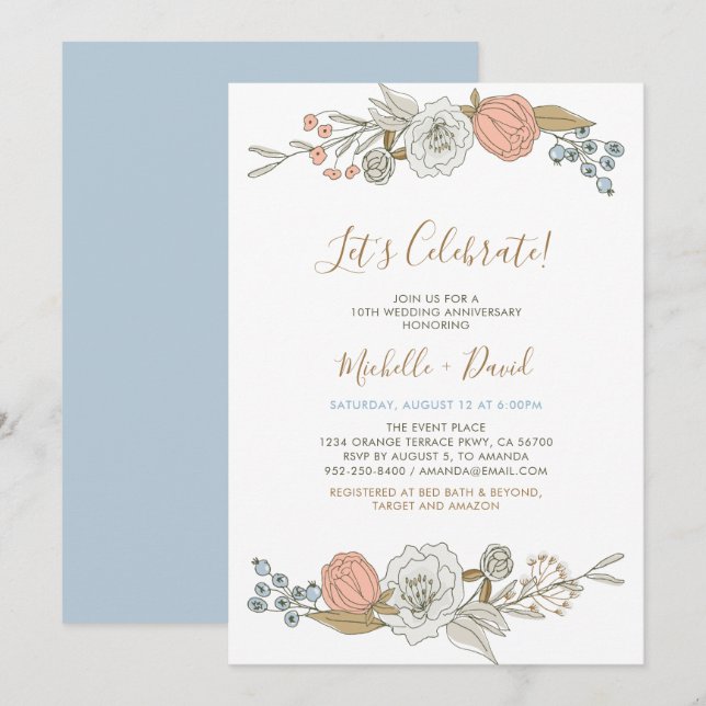 Boho Chic Spring Floral 10th Wedding Anniversary Invitation (Front/Back)