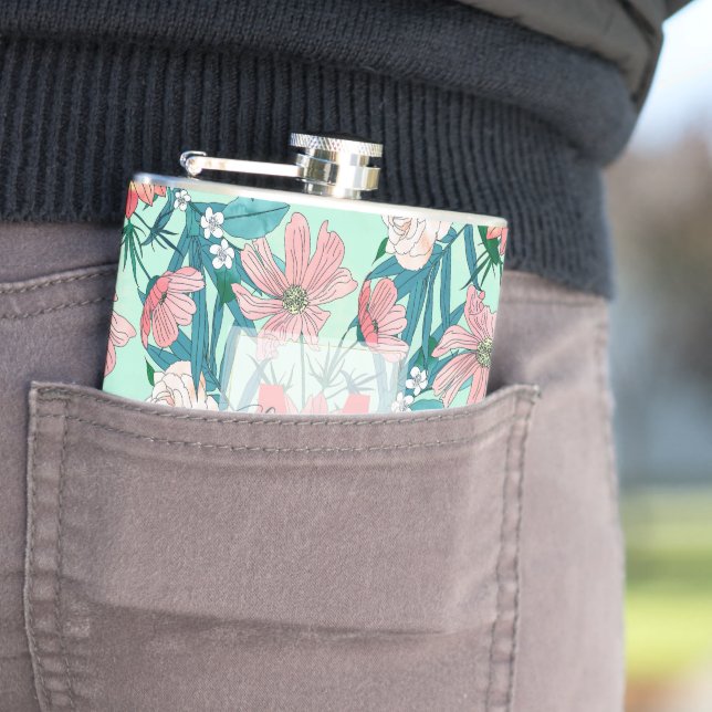 Boho chic spring garden flowers illustration hip flask (In Situ)